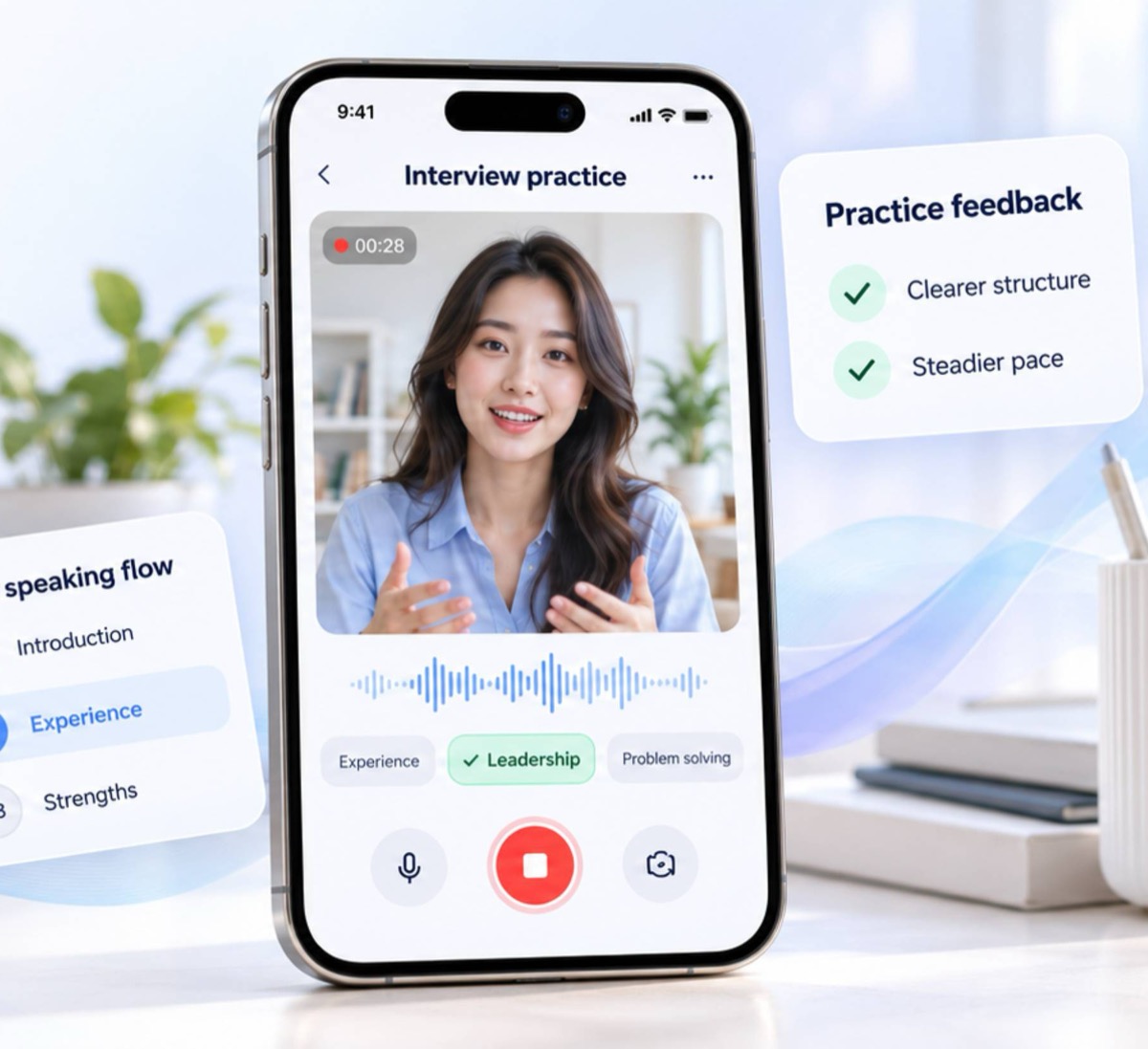 Eloquu speaking practice on a phone, with a guided flow and live keywords